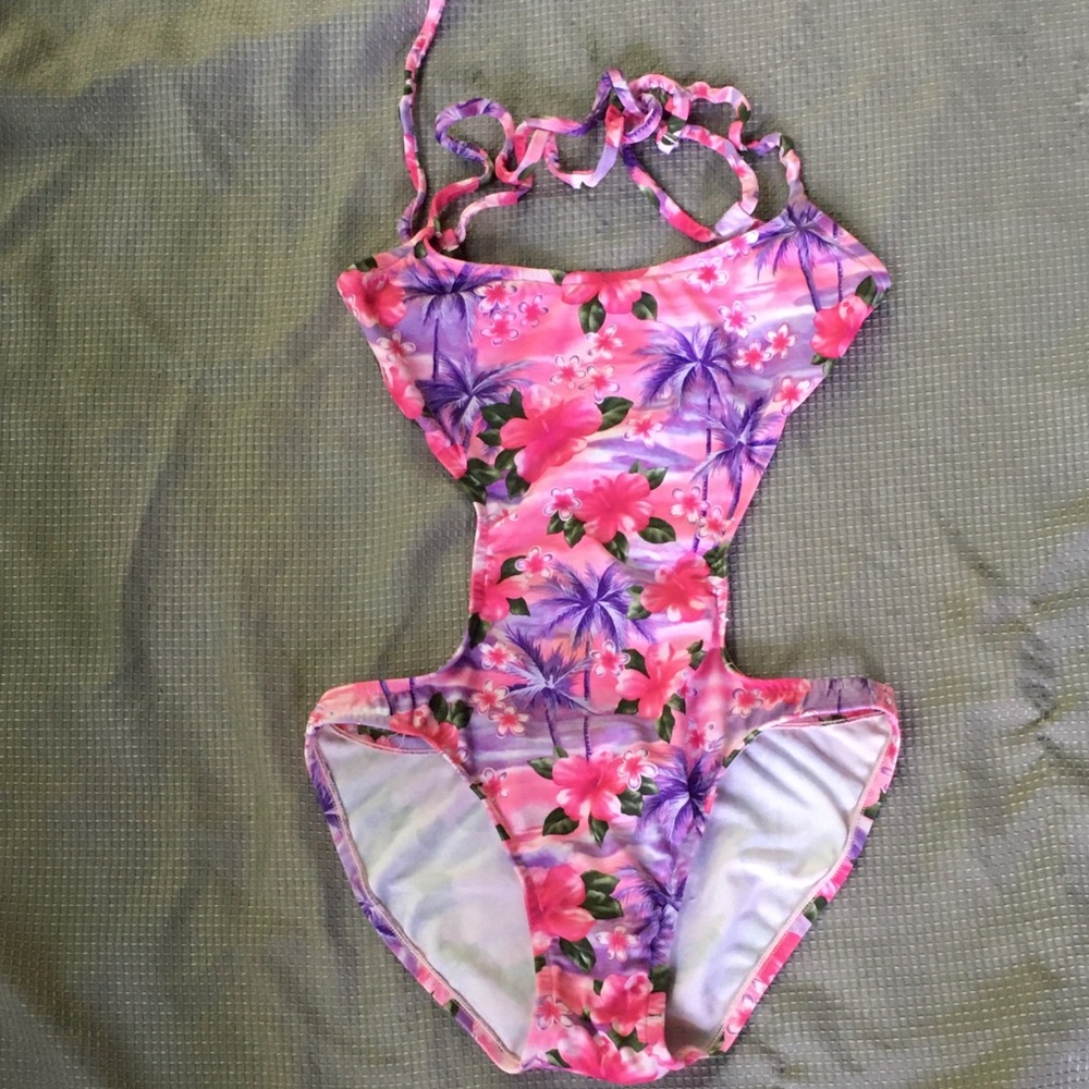 One piece pink/purple floral bathing suit